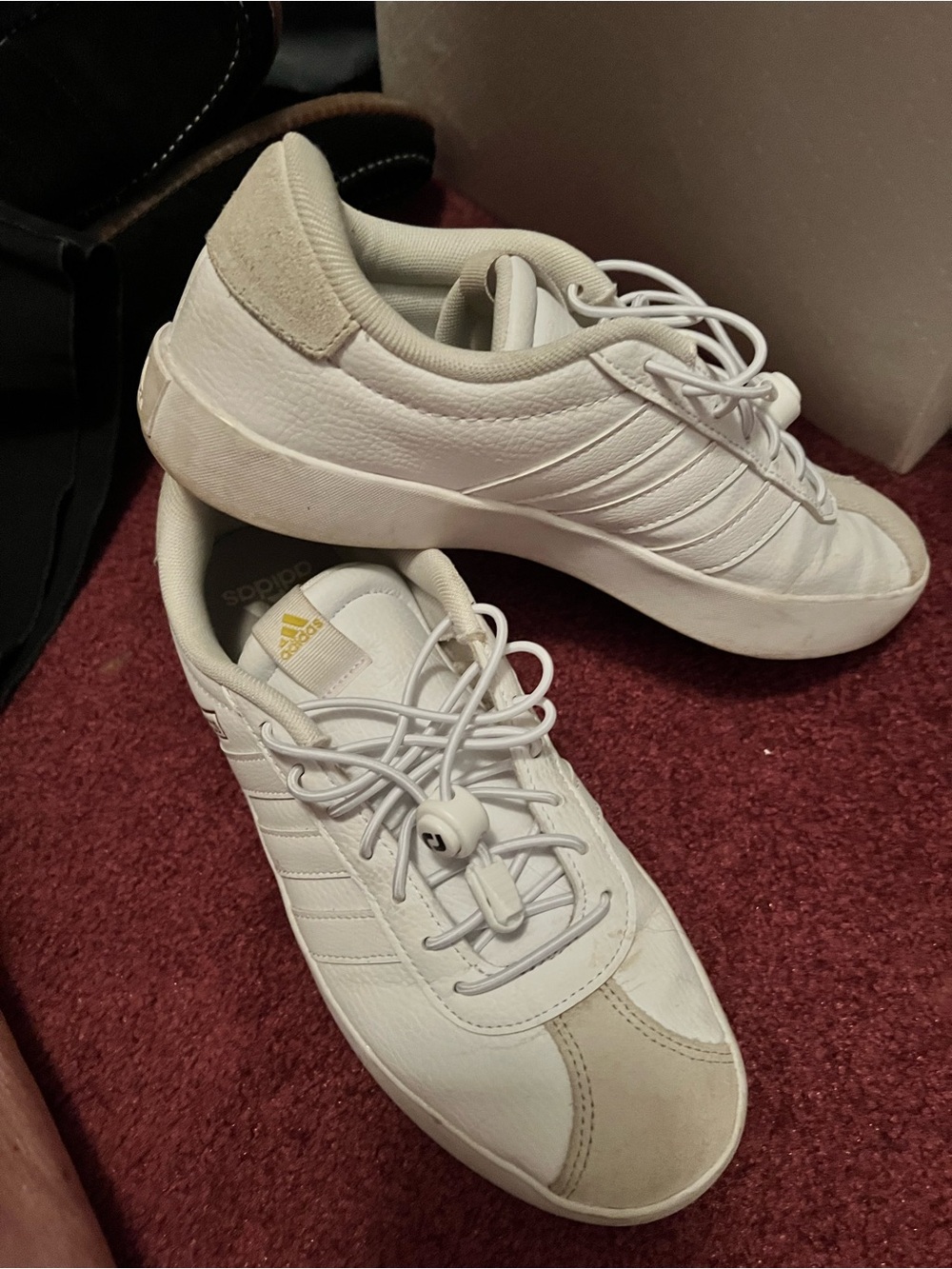 adidas White Sneakers with Beige Suede Accents and Gold Logo